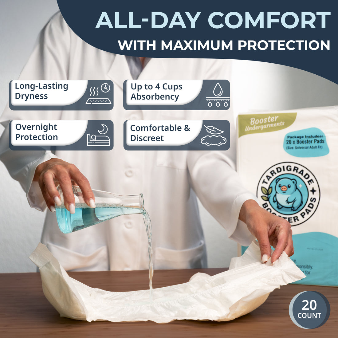 Tardigrade Booster Pad, Large Size, 20 Count, Up to 4 Cups Absorbency, Overnight Protection