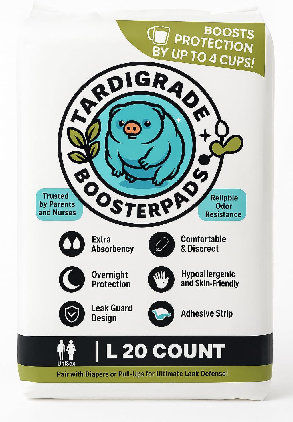 Tardigrade Booster Pad, Large Size, 20 Count, Up to 4 Cups Absorbency, Overnight Protection