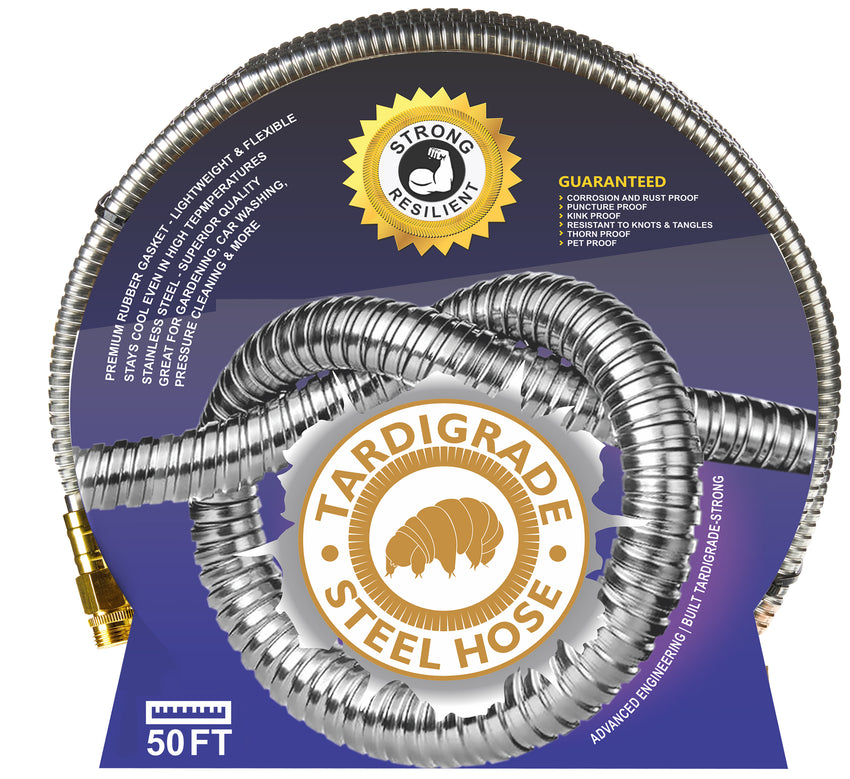 Tardigrade Steel Hose - Garden Hose 50 FT - Made of Metal - Heavy Duty Stainless Steel - Outdoor Water Hoses, Flexible, Lightweight, Brass, Dog Chew Crush Proof, No Kink, Durable Lawn Tool